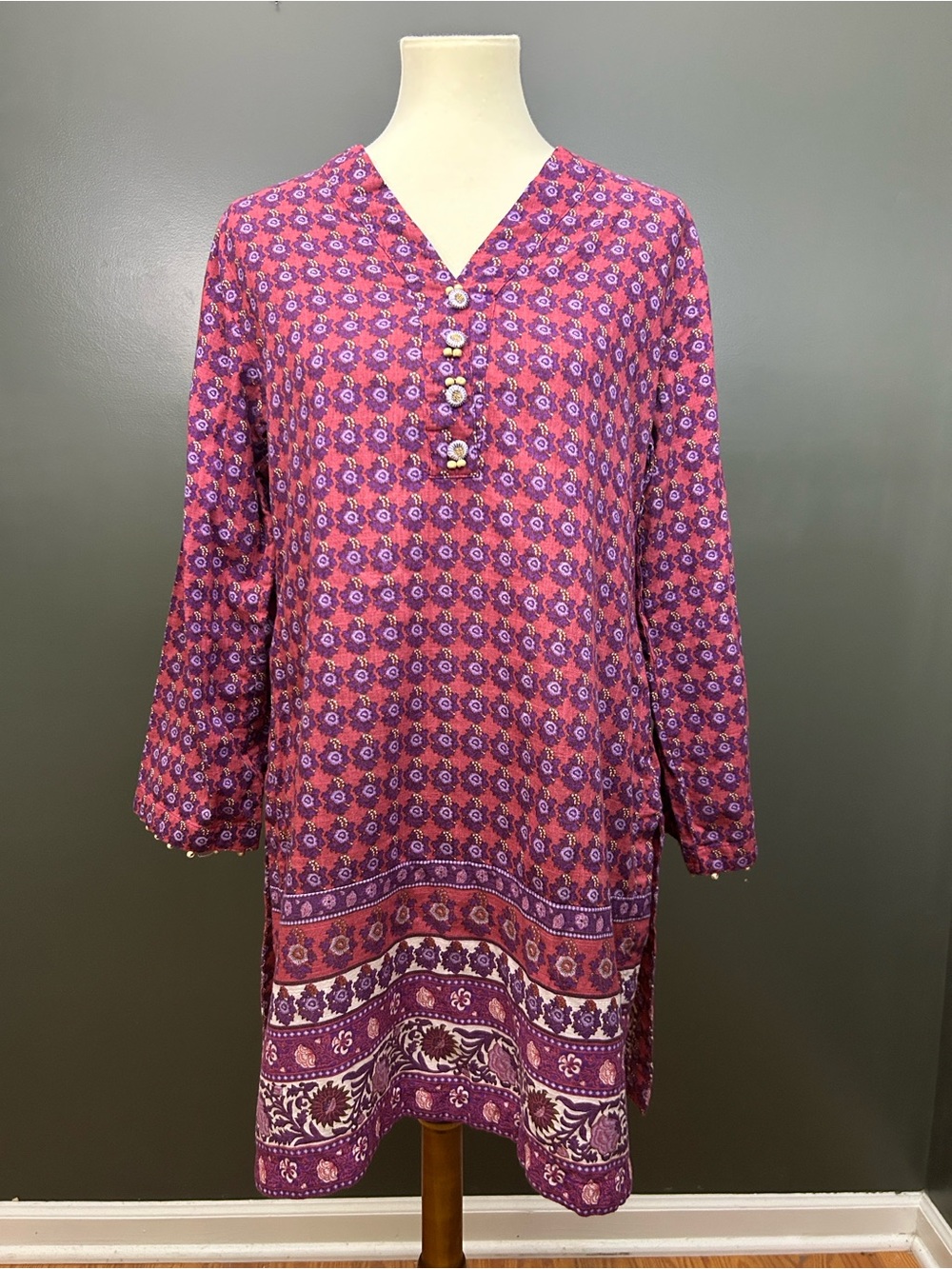 Khaadi Floral Print Kurta Tunic Beaded Trim Boho Pakistani Size 10